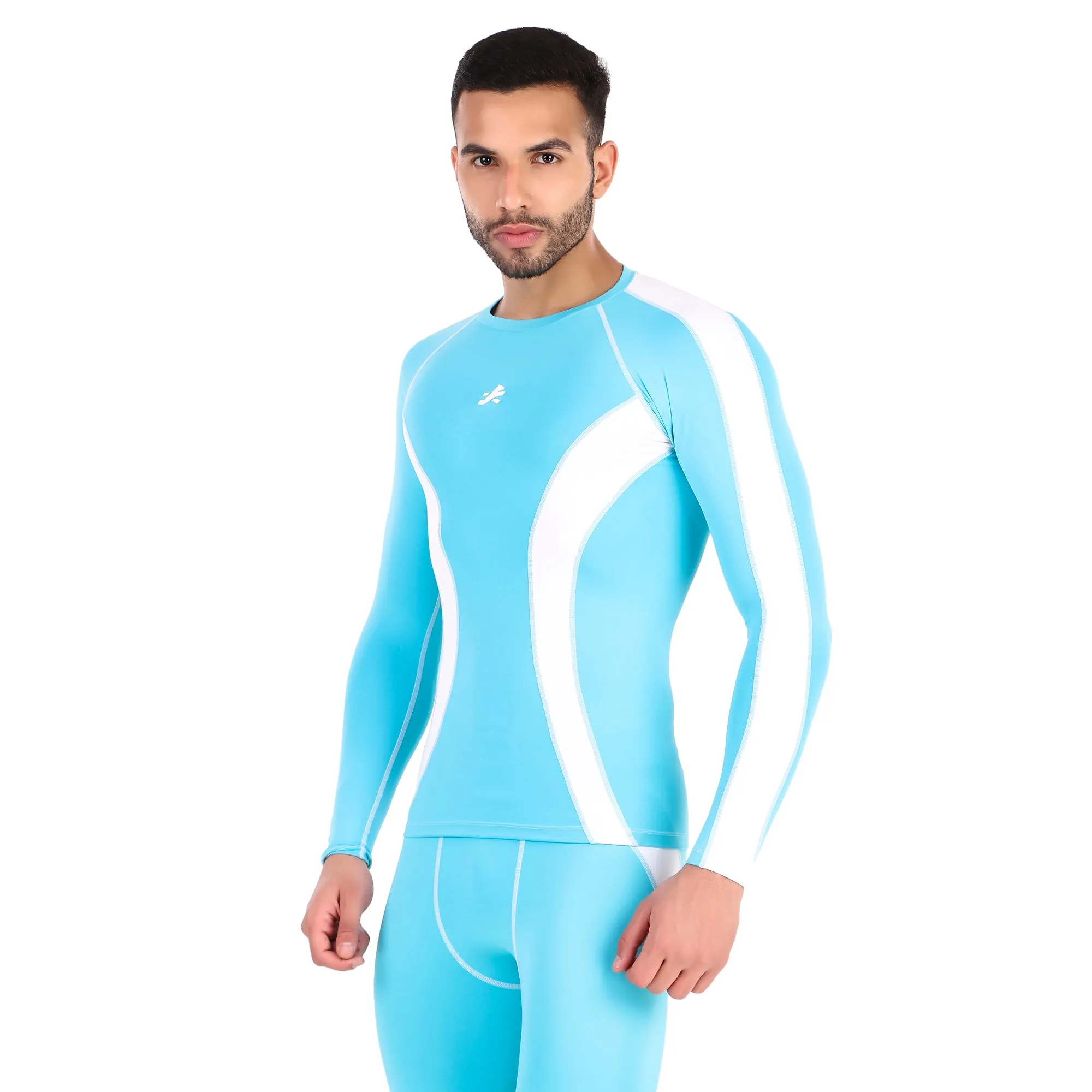 Men's Polyester Compression Tshirt Full Sleeve Tights (Aqua/White)