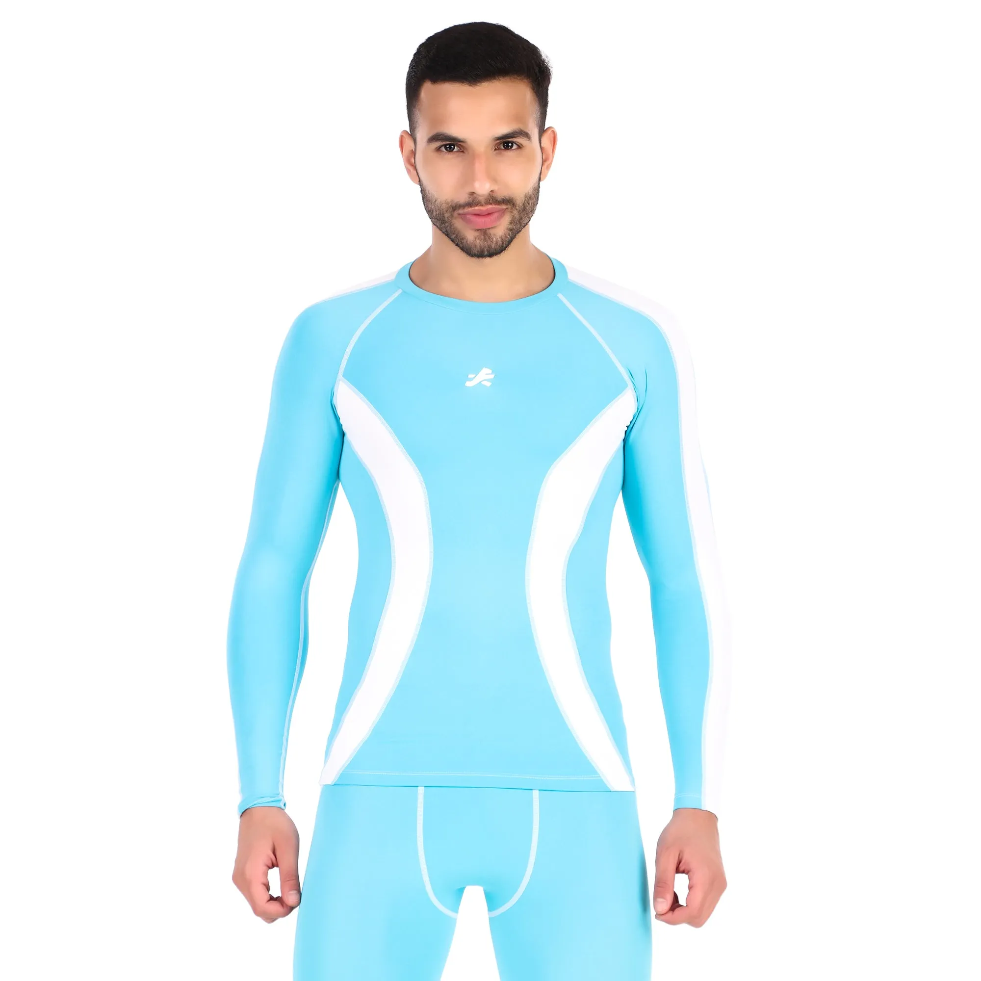 Men's Polyester Compression Tshirt Full Sleeve Tights (Aqua/White)