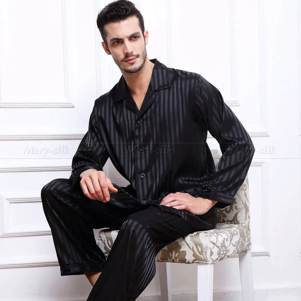 Mens Silk Satin Pajamas Set Pajama Pyjamas Set Sleepwear Set Loungewear S,M,L,XL,2XL,3XL,4XL Plus Striped Black