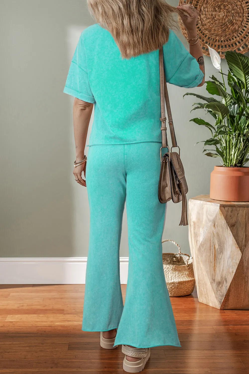 Mint Green Acid Wash Star Patched Rolled Trim Pants Set