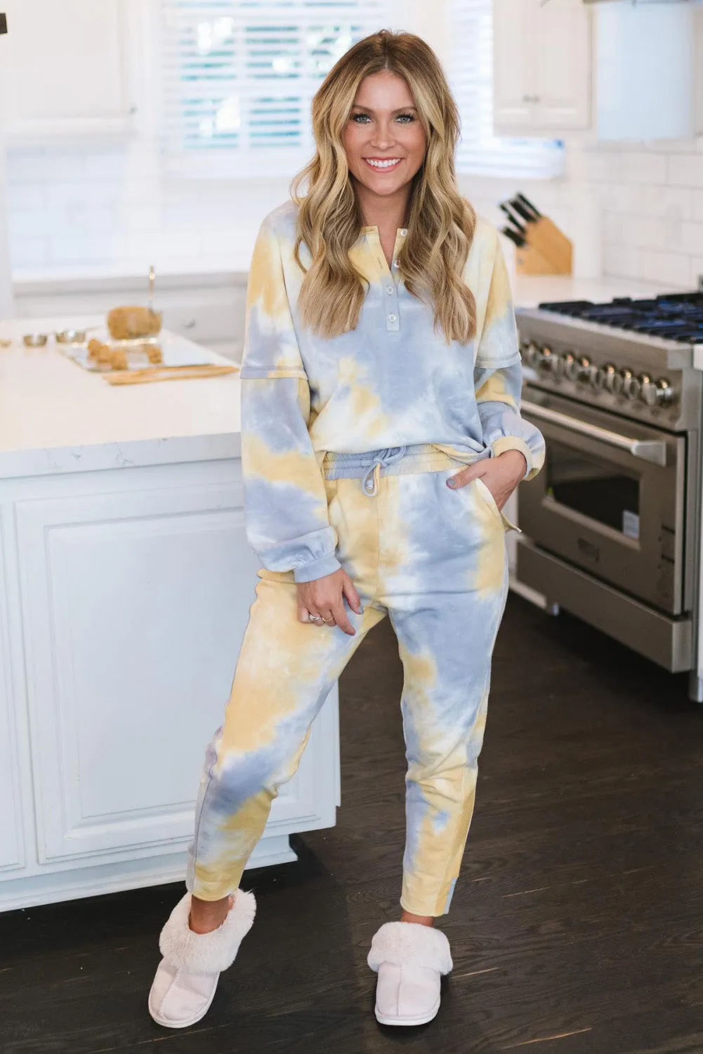 Multicolor Tie Dye Henley Top and Drawstring Pants Outfit