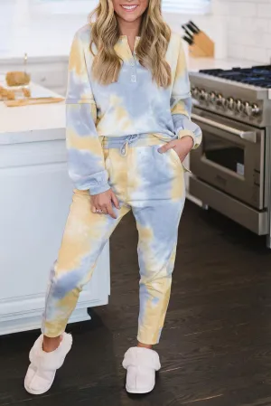 Multicolor Tie Dye Henley Top and Drawstring Pants Outfit