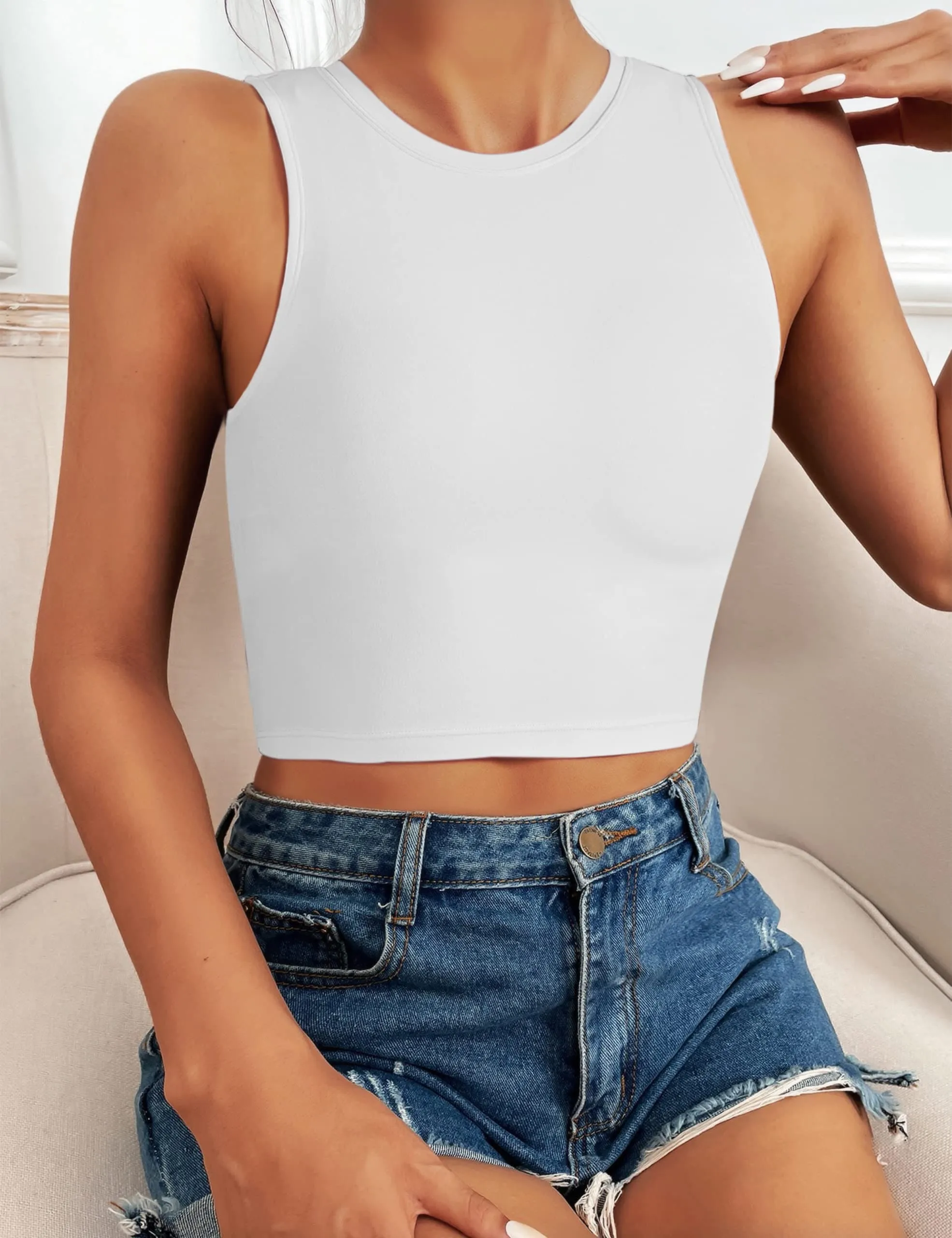 Natural Feelings Nudi Sports Bras for Women Removable Padded Yoga Tank Tops Sleeveless Fitness Workout Crop Tops A-White