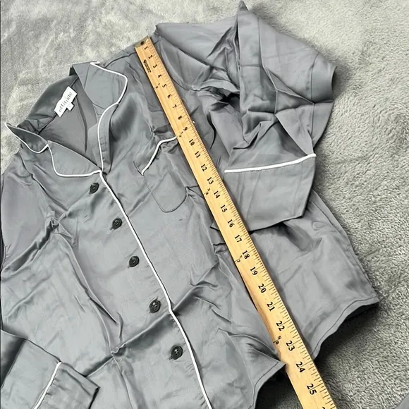 NEW Ettitude S Fog Gray Pajama Long Sleeve Shirt Top with White Trim