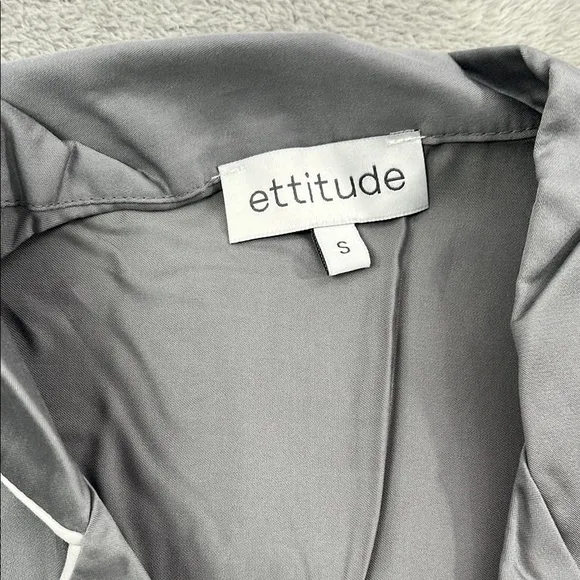 NEW Ettitude S Fog Gray Pajama Long Sleeve Shirt Top with White Trim