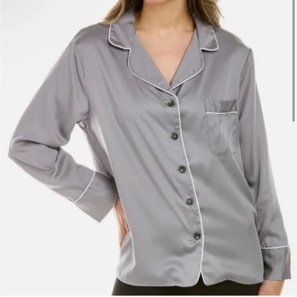 NEW Ettitude S Fog Gray Pajama Long Sleeve Shirt Top with White Trim