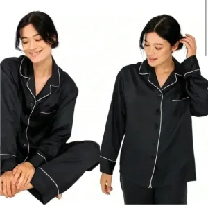 NEW Ettitude S Onyx Black Pajama Short Sleeve Shirt Top with White Trim