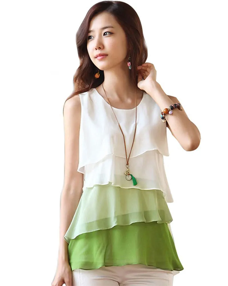 NEW Multi-Colors Blouse Shirts for Spring Summer Style Flounce Tiered Tops Round Neck Sleeveless Shirt #10