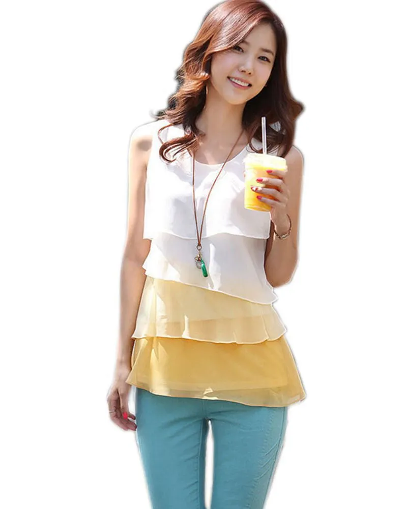 NEW Multi-Colors Blouse Shirts for Spring Summer Style Flounce Tiered Tops Round Neck Sleeveless Shirt #10