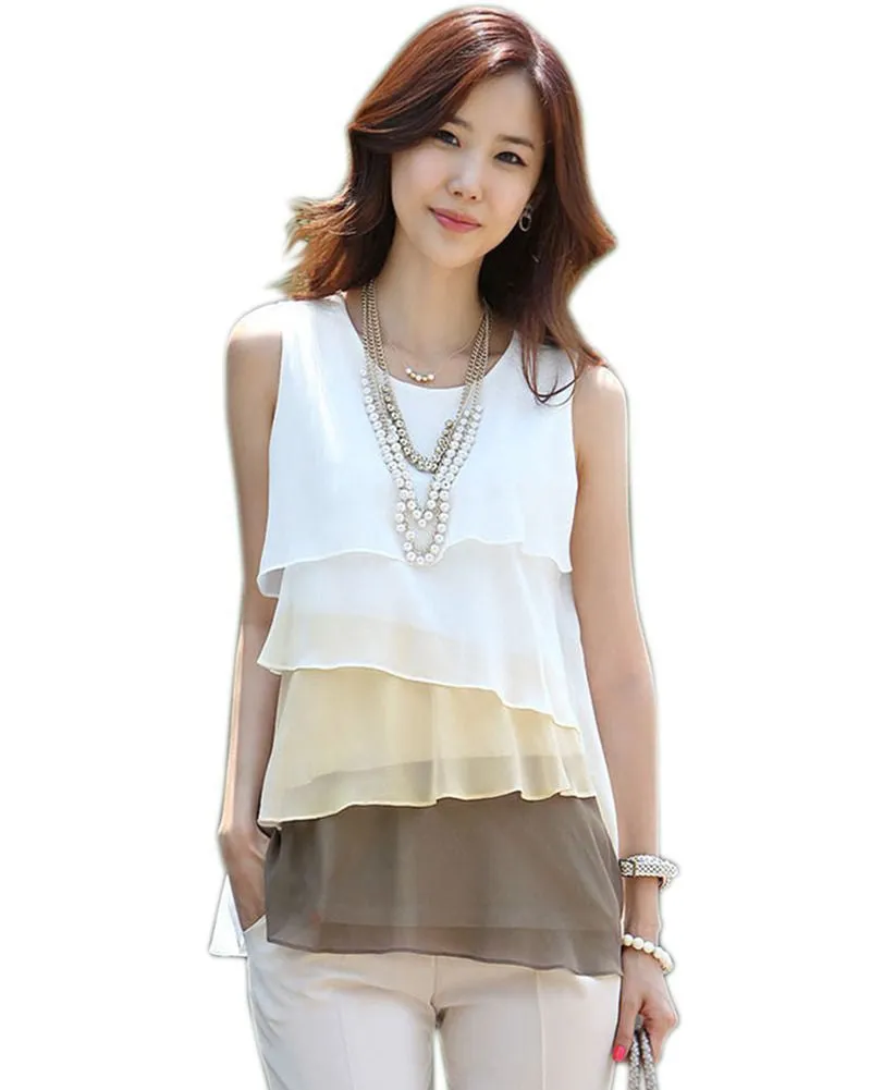 NEW Multi-Colors Blouse Shirts for Spring Summer Style Flounce Tiered Tops Round Neck Sleeveless Shirt #10