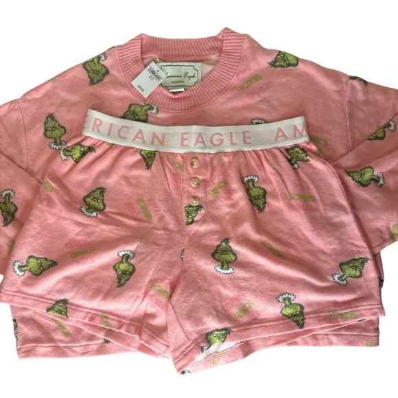 NWT American Eagle Grinch Matching Pajama Set AE Loungewear Size XS Pink Green