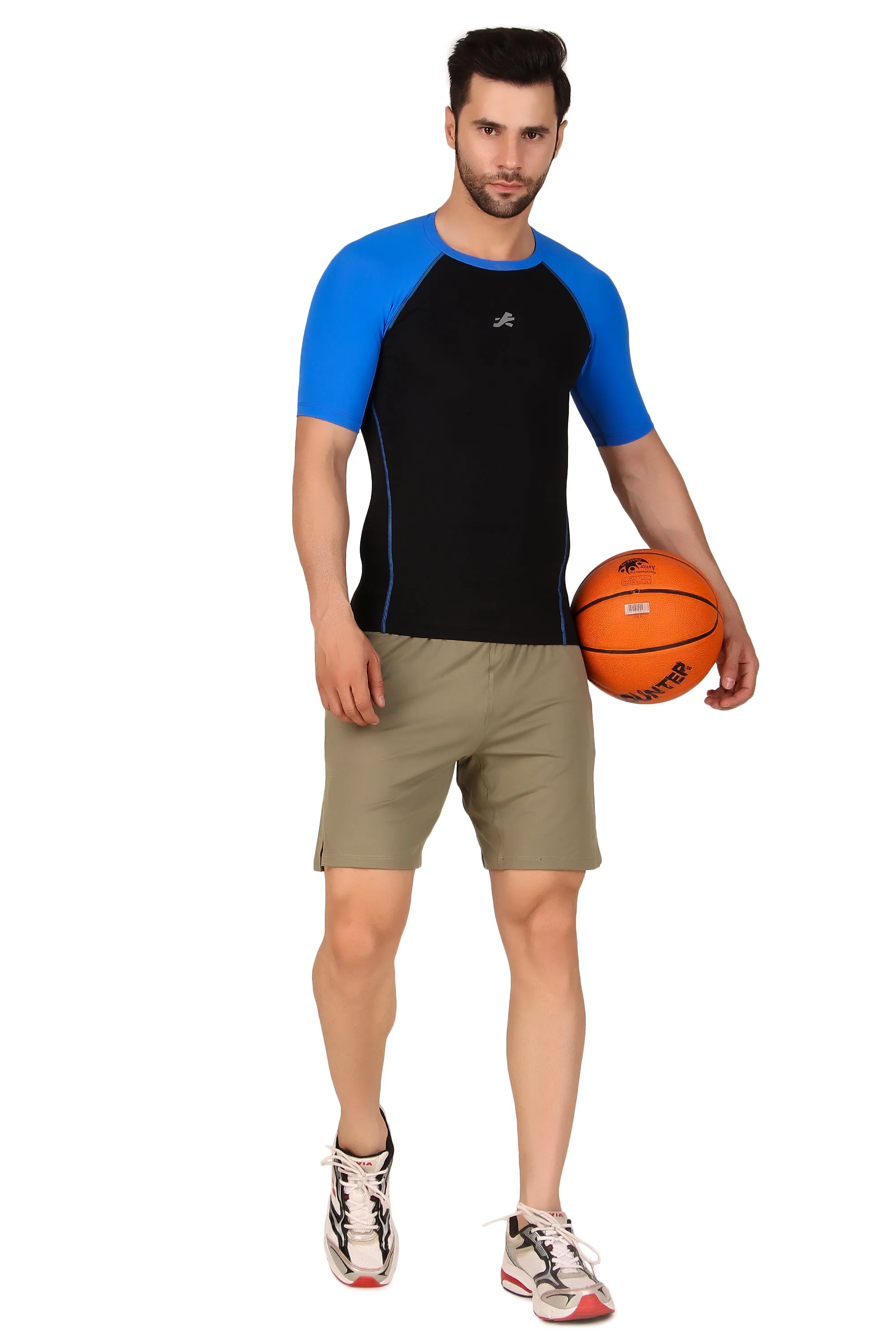 Nylon Compression Tshirt Half Sleeve Tights For Men (Black/Royal Blue)