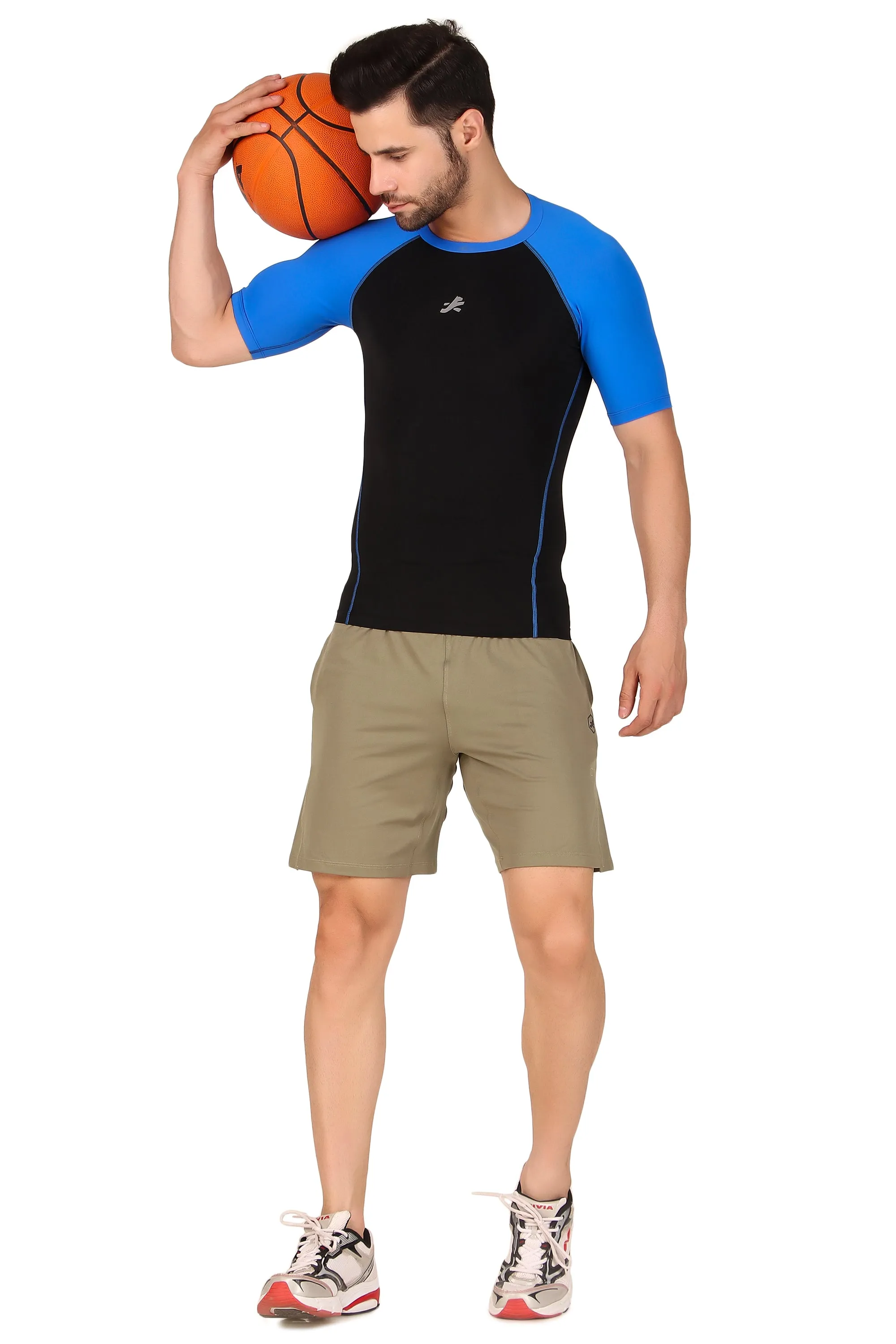 Nylon Compression Tshirt Half Sleeve Tights For Men (Black/Royal Blue)