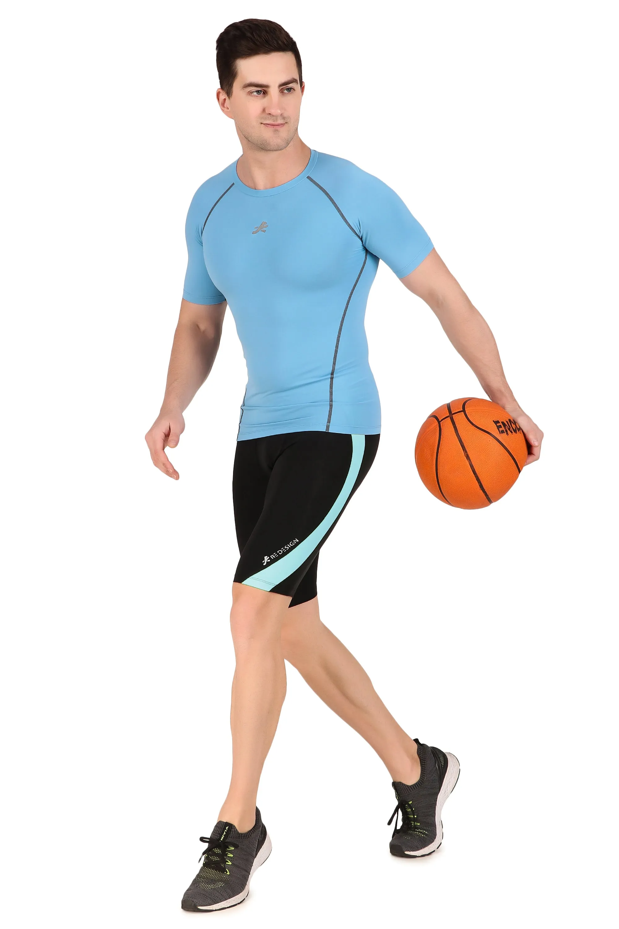 Nylon Compression Tshirt Half Sleeve Tights For Men (Sky Blue)