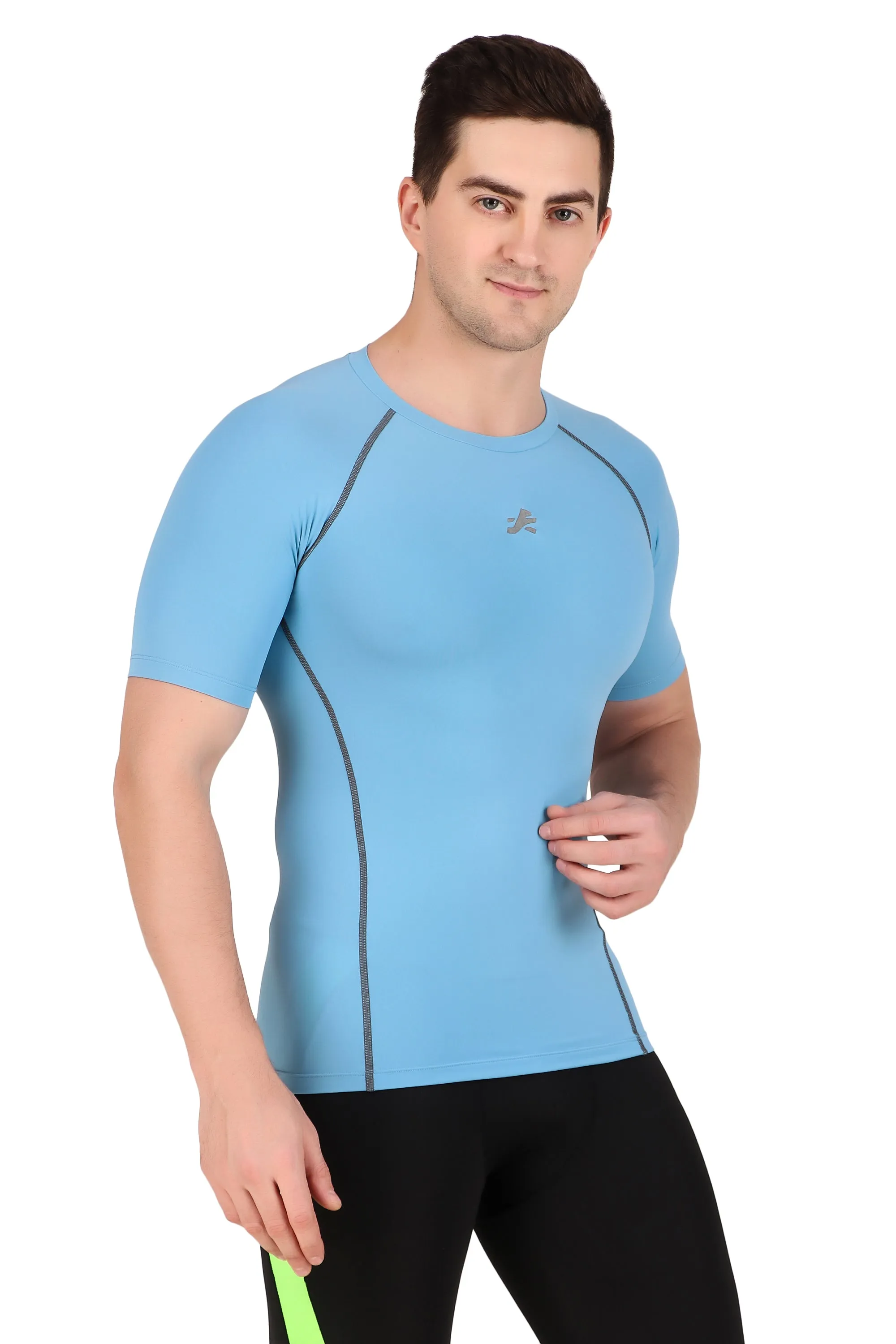 Nylon Compression Tshirt Half Sleeve Tights For Men (Sky Blue)