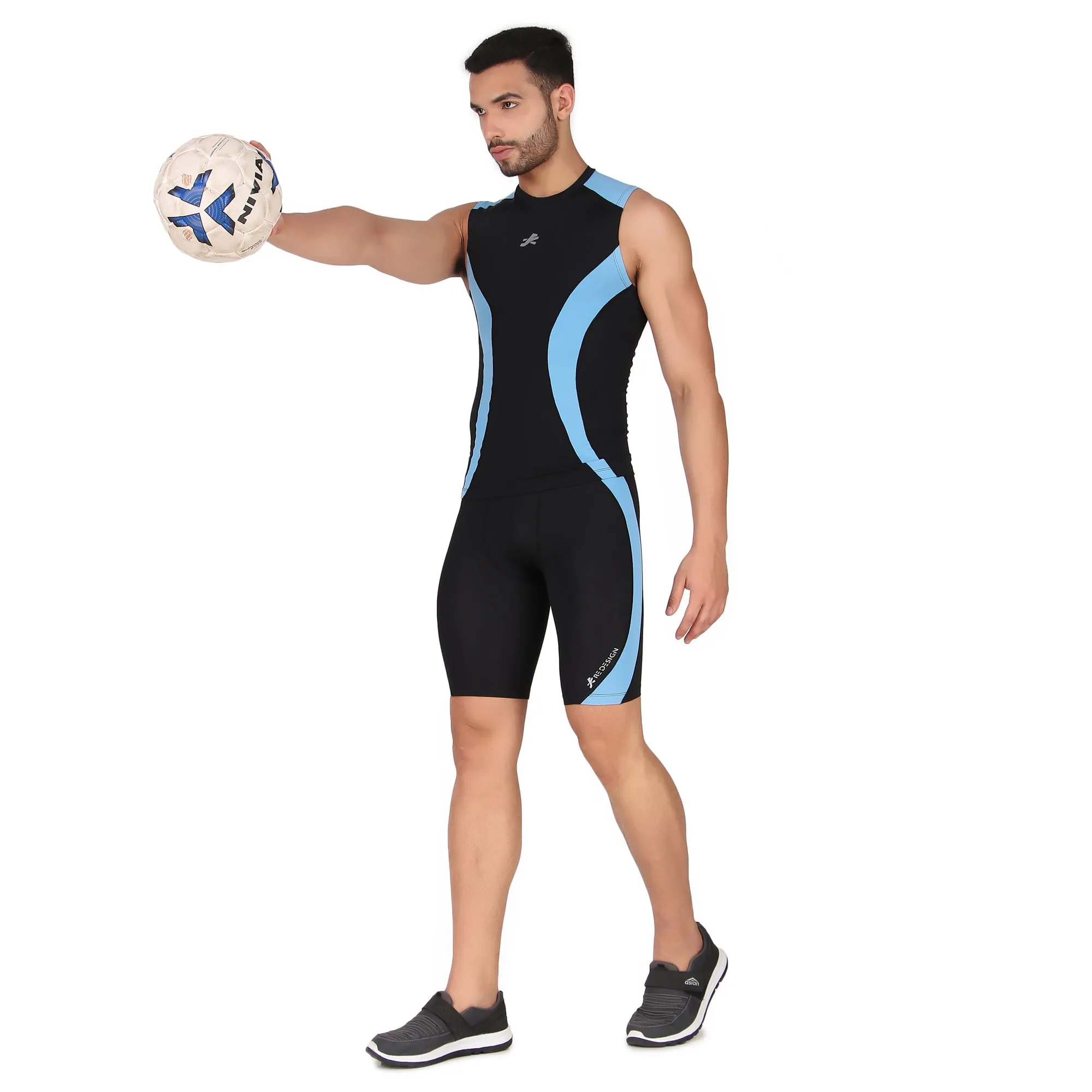 Nylon DC Compression Tshirt Cutsleeves Tights For Men (Black/Aqua)