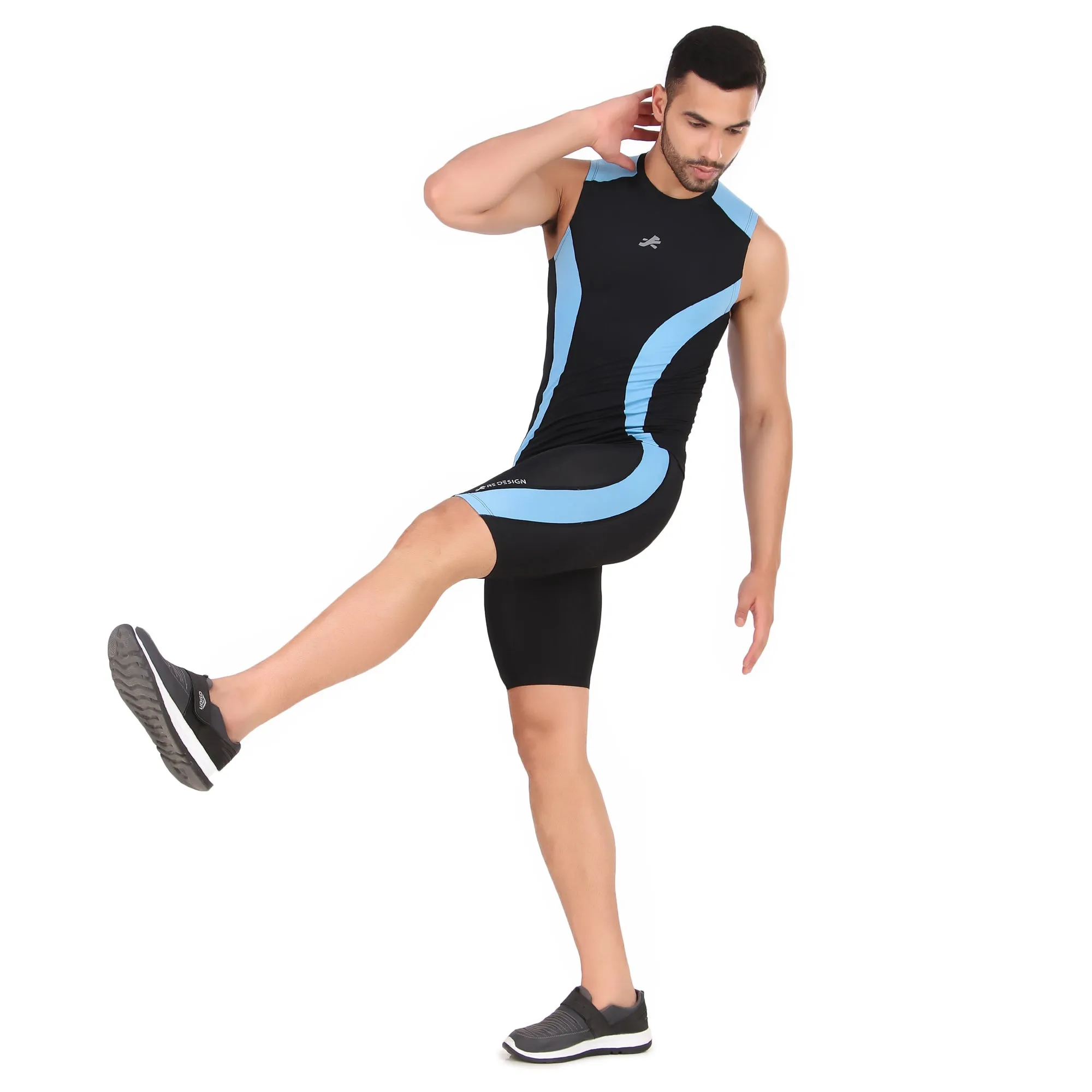 Nylon DC Compression Tshirt Cutsleeves Tights For Men (Black/Aqua)