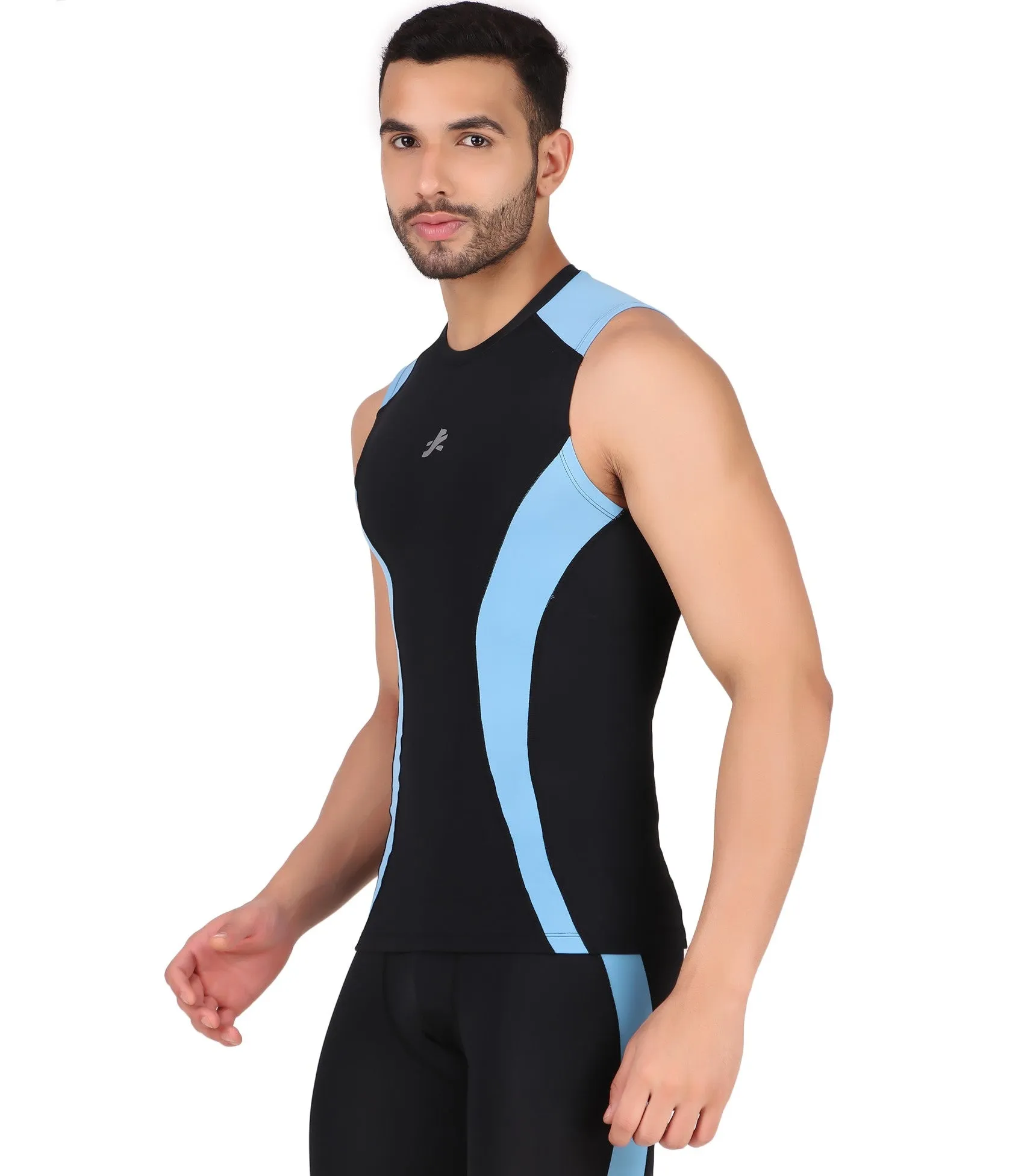 Nylon DC Compression Tshirt Cutsleeves Tights For Men (Black/Aqua)