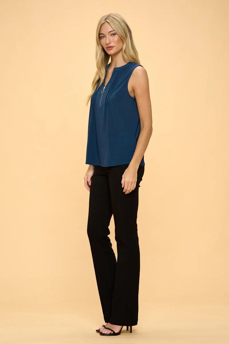 O Ring Zip Placket Pleated Shoulder Sleeveless Top