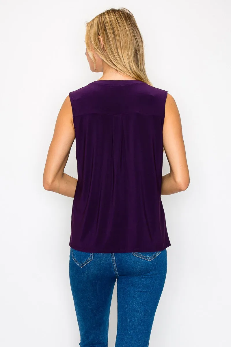 O Ring Zip Placket Pleated Shoulder Sleeveless Top