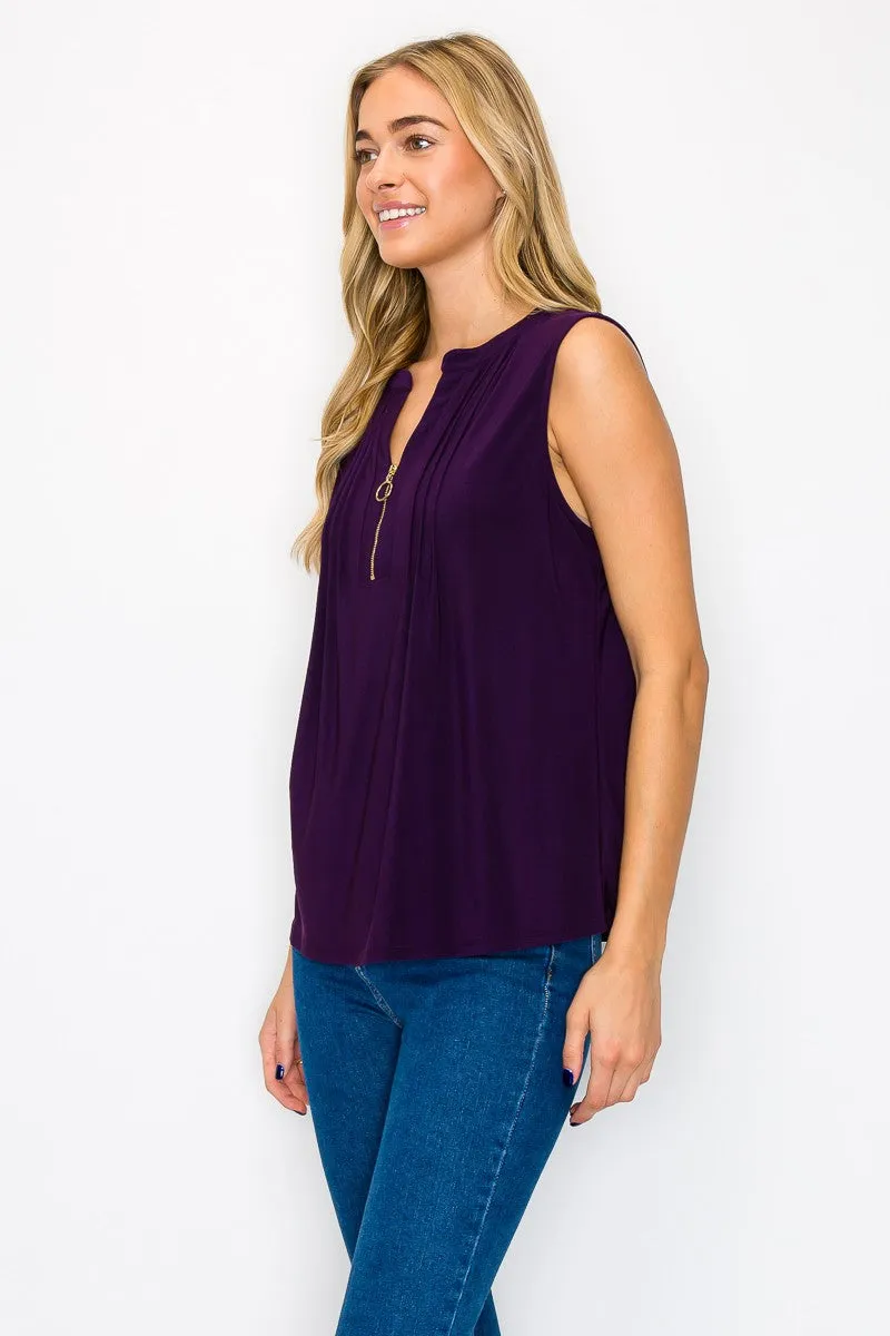 O Ring Zip Placket Pleated Shoulder Sleeveless Top