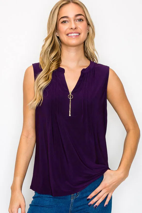 O Ring Zip Placket Pleated Shoulder Sleeveless Top