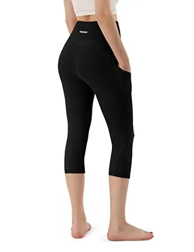 ODODOS Women's High Waisted Yoga Capris with Pockets,Tummy Control Non See Through Workout Sports Running Capri Leggings, Black