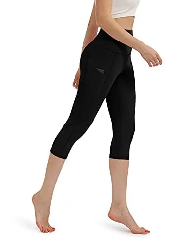 ODODOS Women's High Waisted Yoga Capris with Pockets,Tummy Control Non See Through Workout Sports Running Capri Leggings, Black