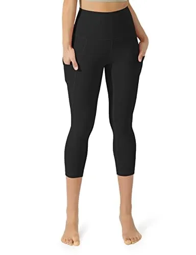 ODODOS Women's High Waisted Yoga Capris with Pockets,Tummy Control Non See Through Workout Sports Running Capri Leggings, Black