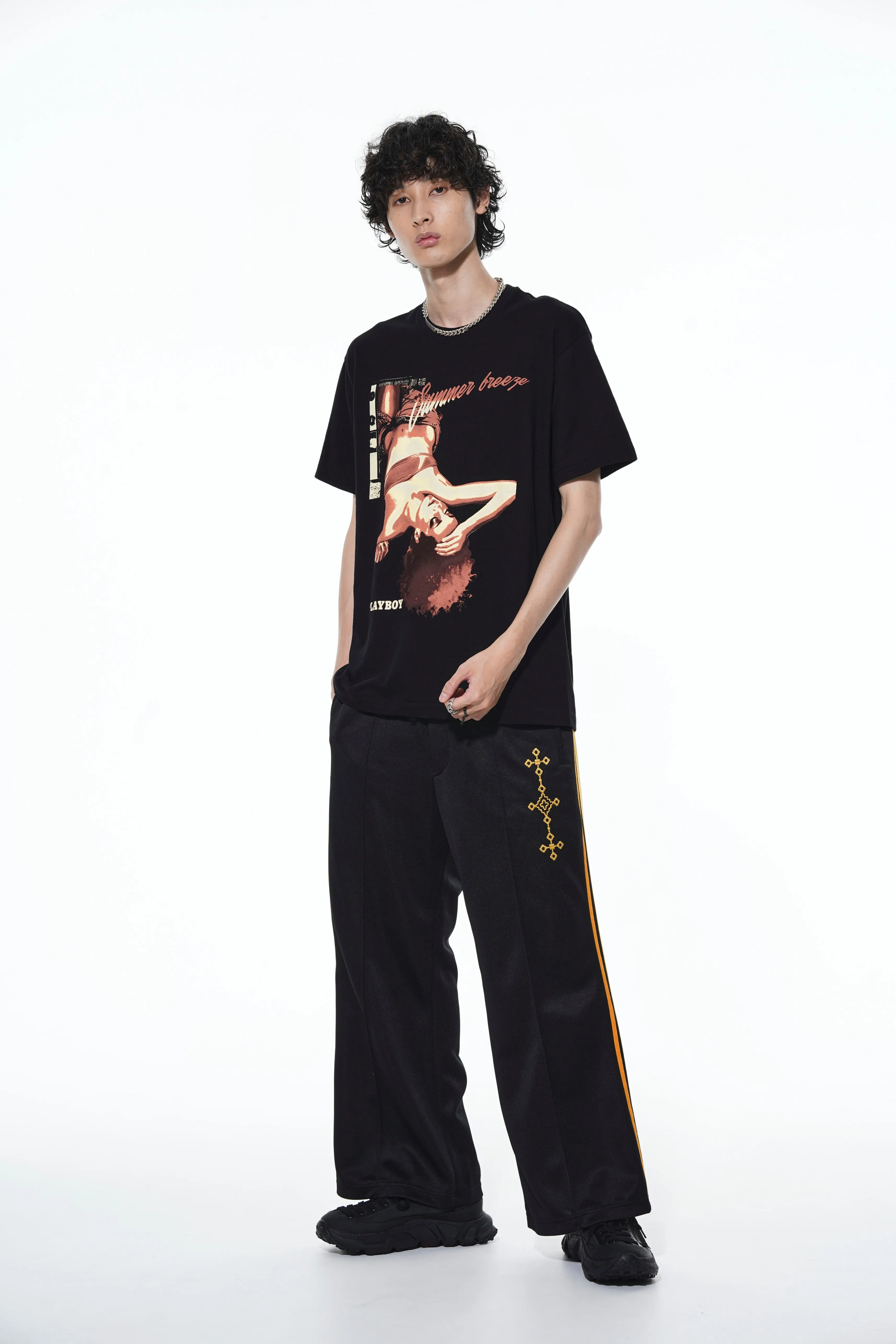 PE/SMOOTH JERSEY GEOMETRIC PATTERN EMBROIDERY SIDE TAPE LINE FLARE PANTS