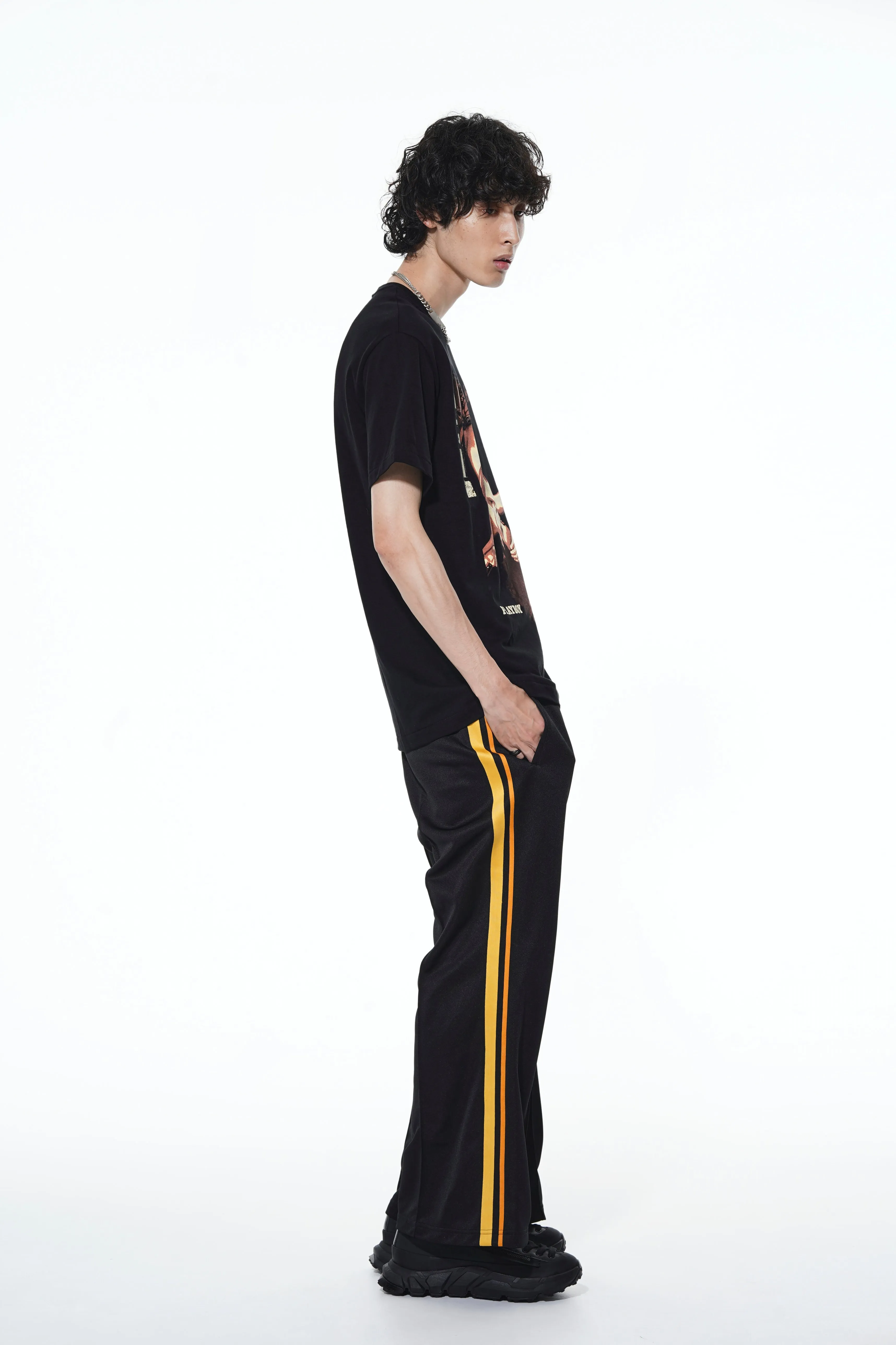 PE/SMOOTH JERSEY GEOMETRIC PATTERN EMBROIDERY SIDE TAPE LINE FLARE PANTS