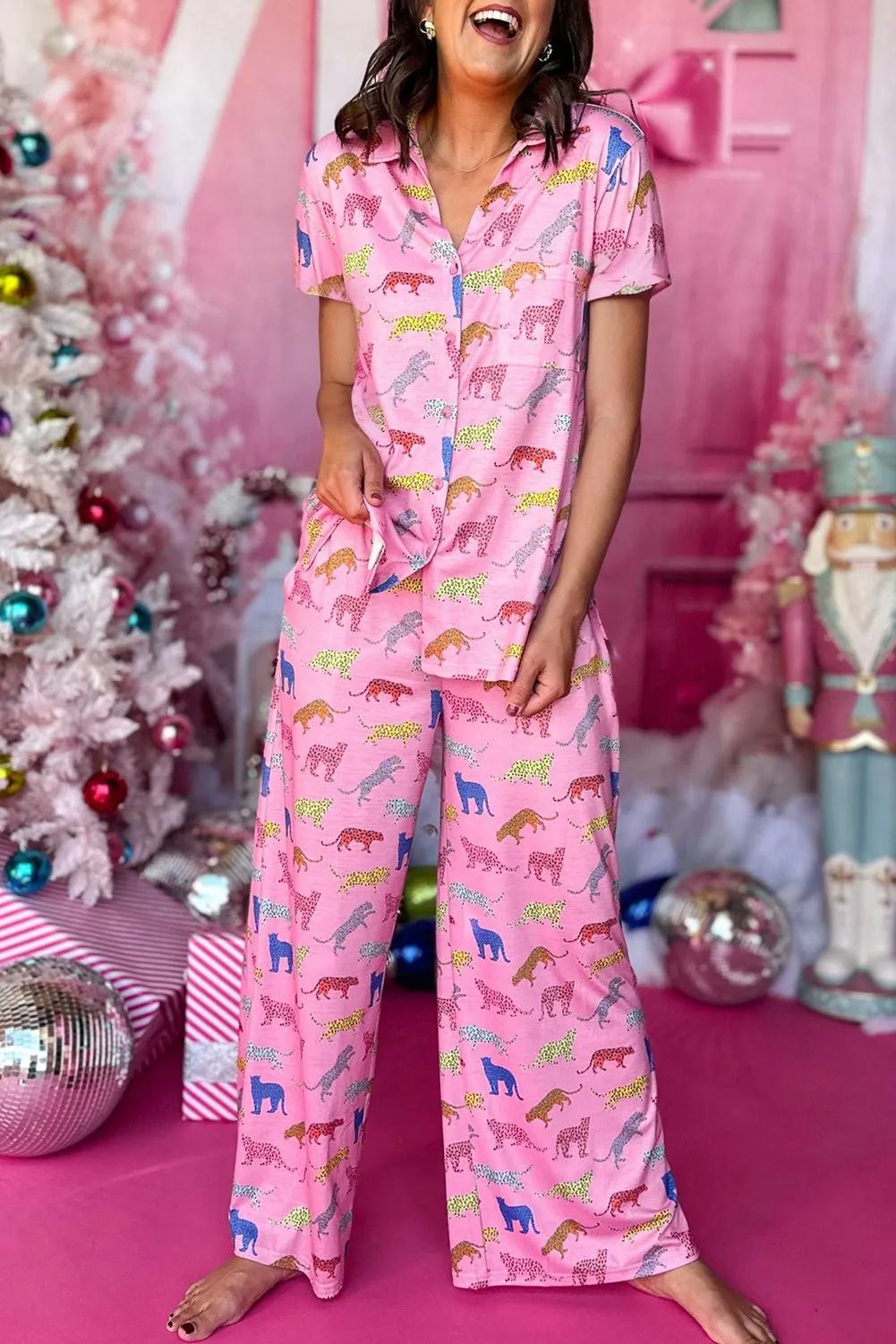 Pink Cheetah Print Short Sleeve Shirt and Pants Lounge Set