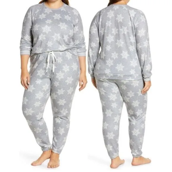 PJ Salvage Gray Snowflake Print Matching Two Piece Lounge Pajama Set M New