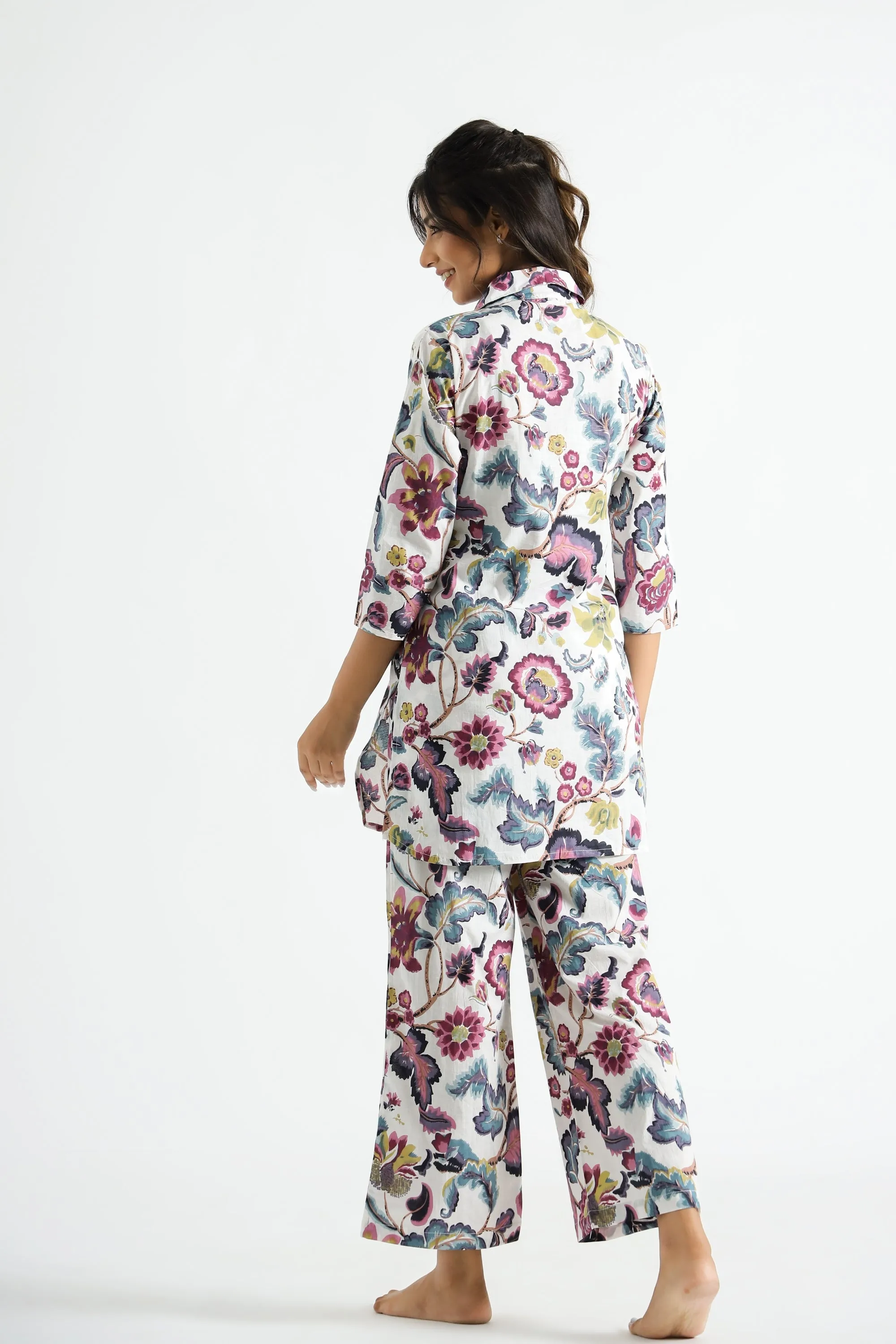 Purple White Floral Collared Cotton Lounge Co-Ord Set with 7 button
