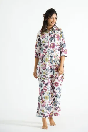 Purple White Floral Collared Cotton Lounge Co-Ord Set with 7 button