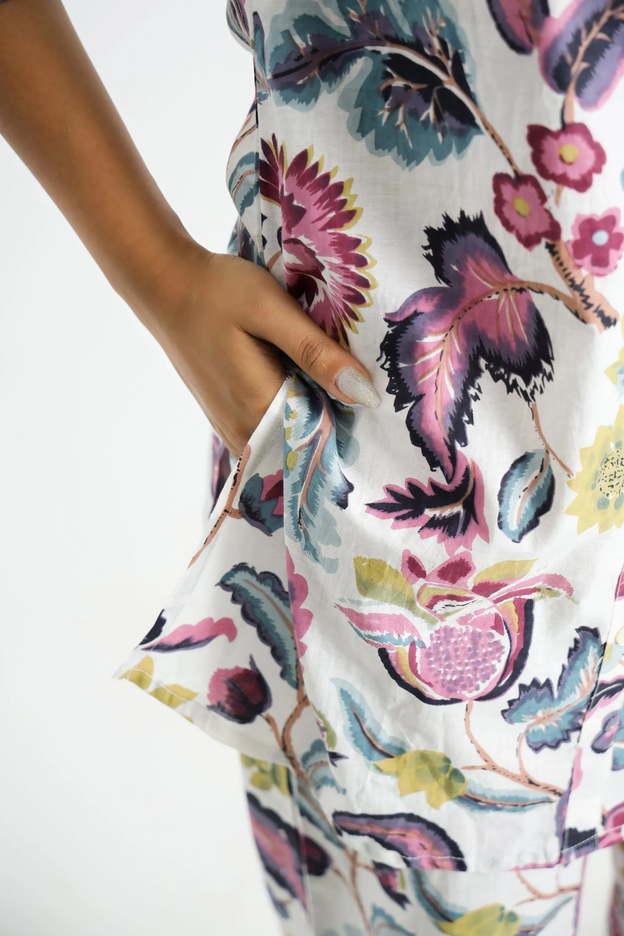 Purple White Floral Collared Cotton Lounge Co-Ord Set with 7 button