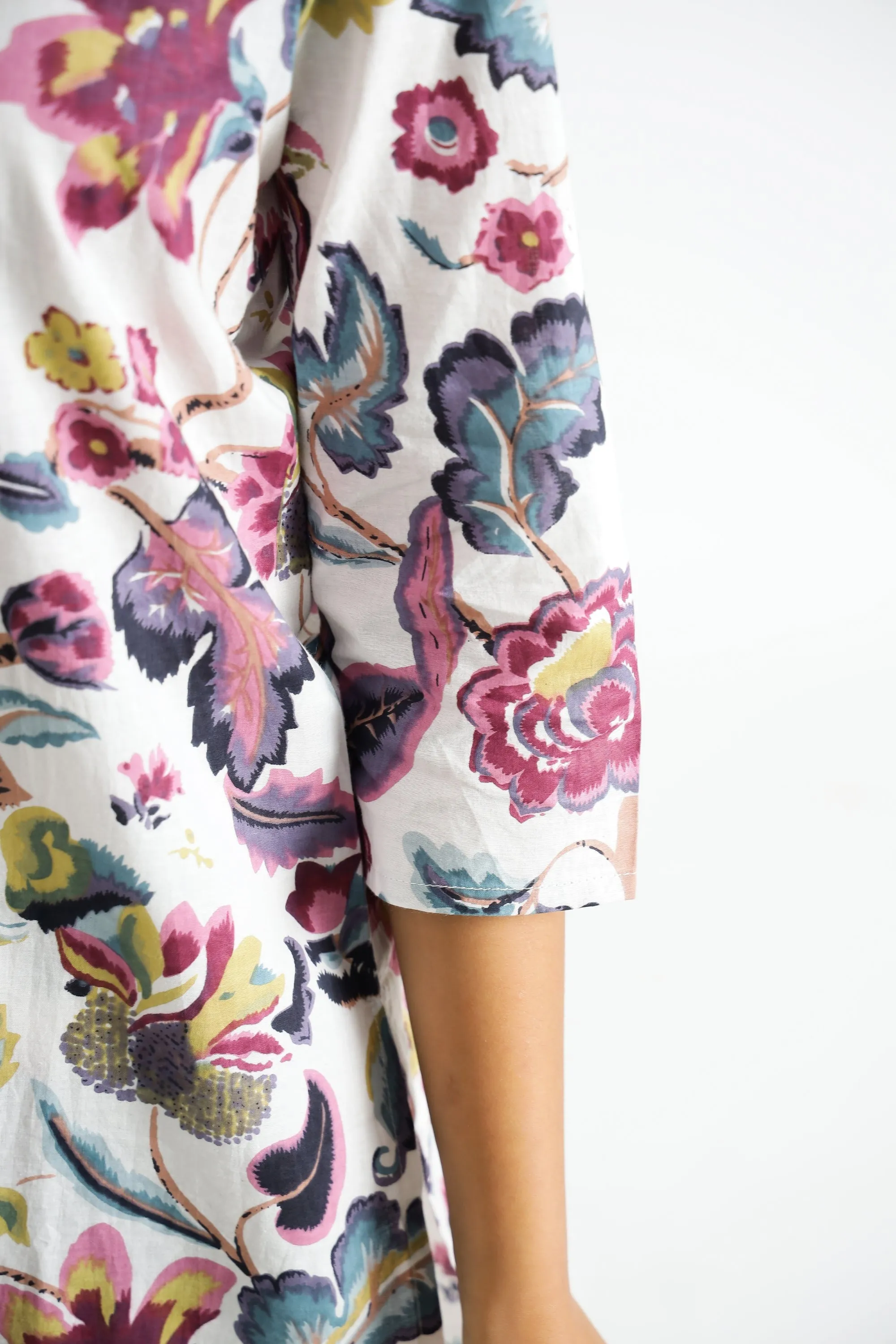 Purple White Floral Collared Cotton Lounge Co-Ord Set with 7 button