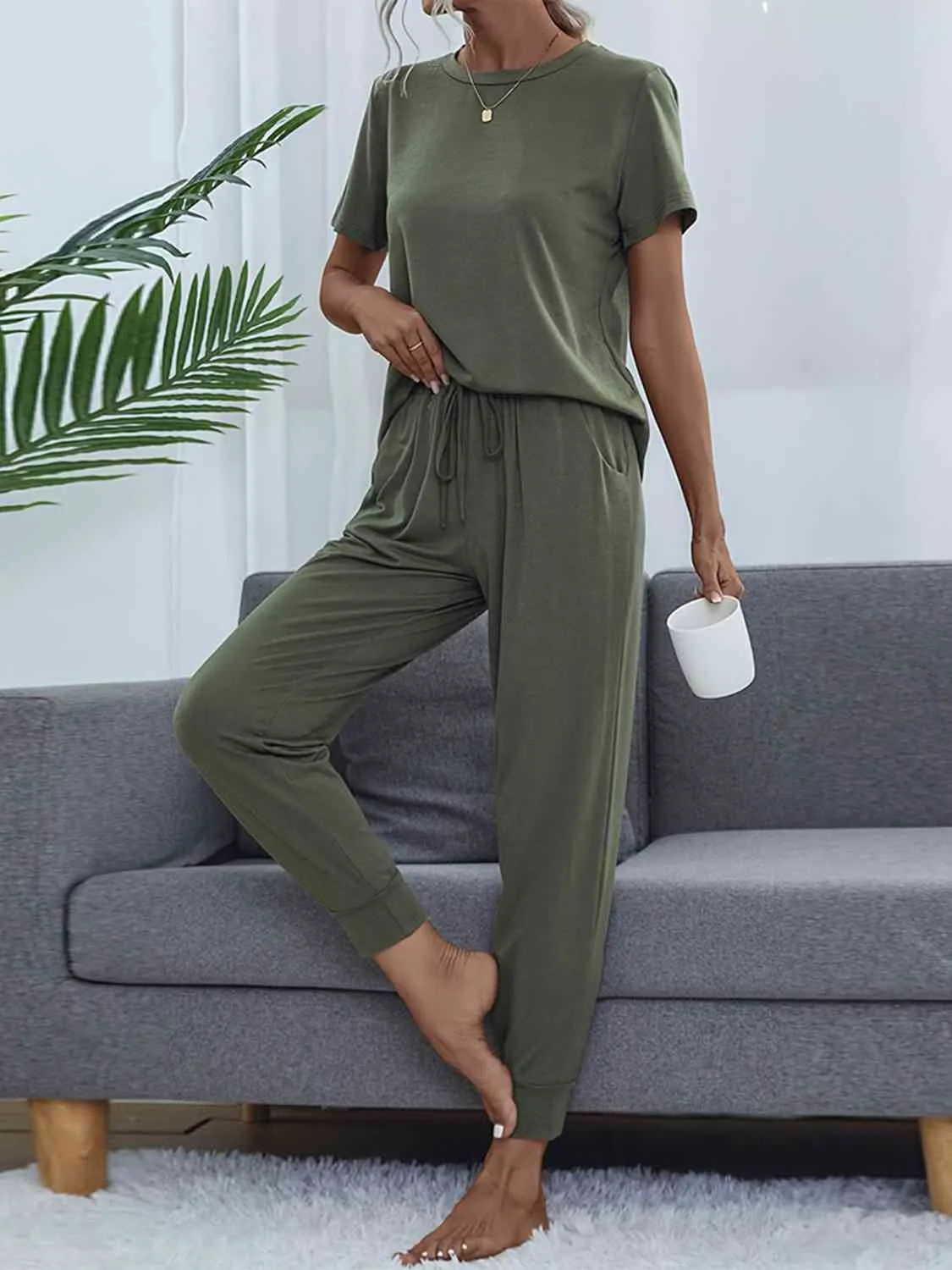 Round Neck Short Sleeve Top and Pants Lounge Set (5 Colors)