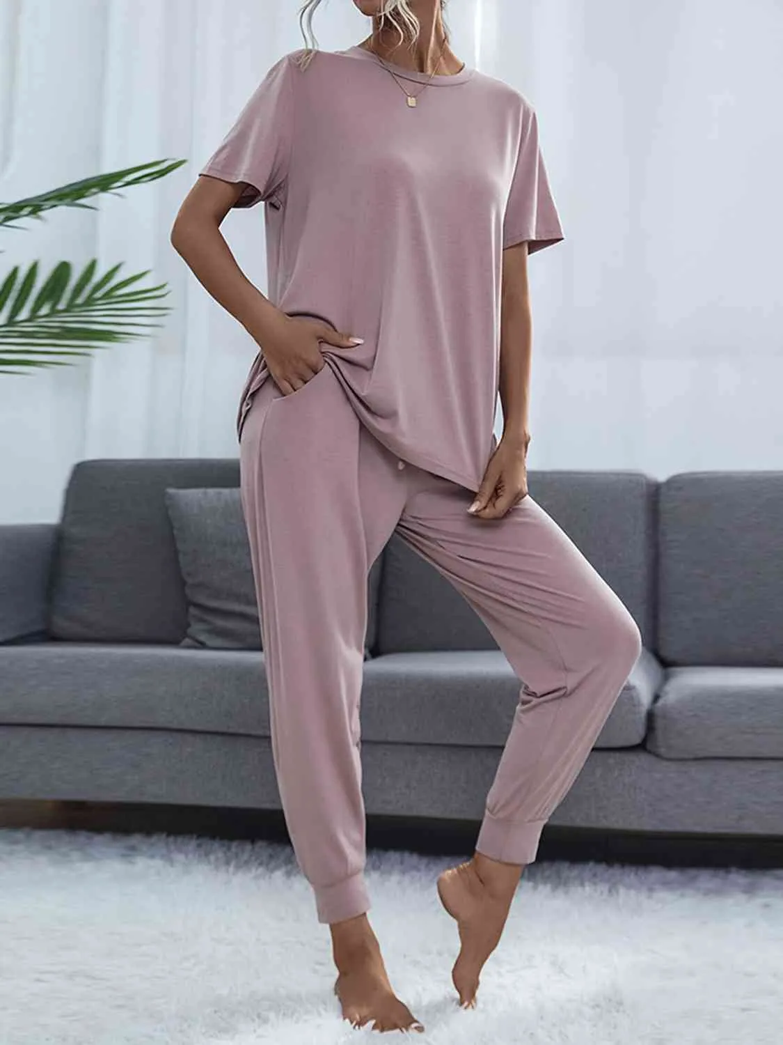 Round Neck Short Sleeve Top and Pants Lounge Set (5 Colors)