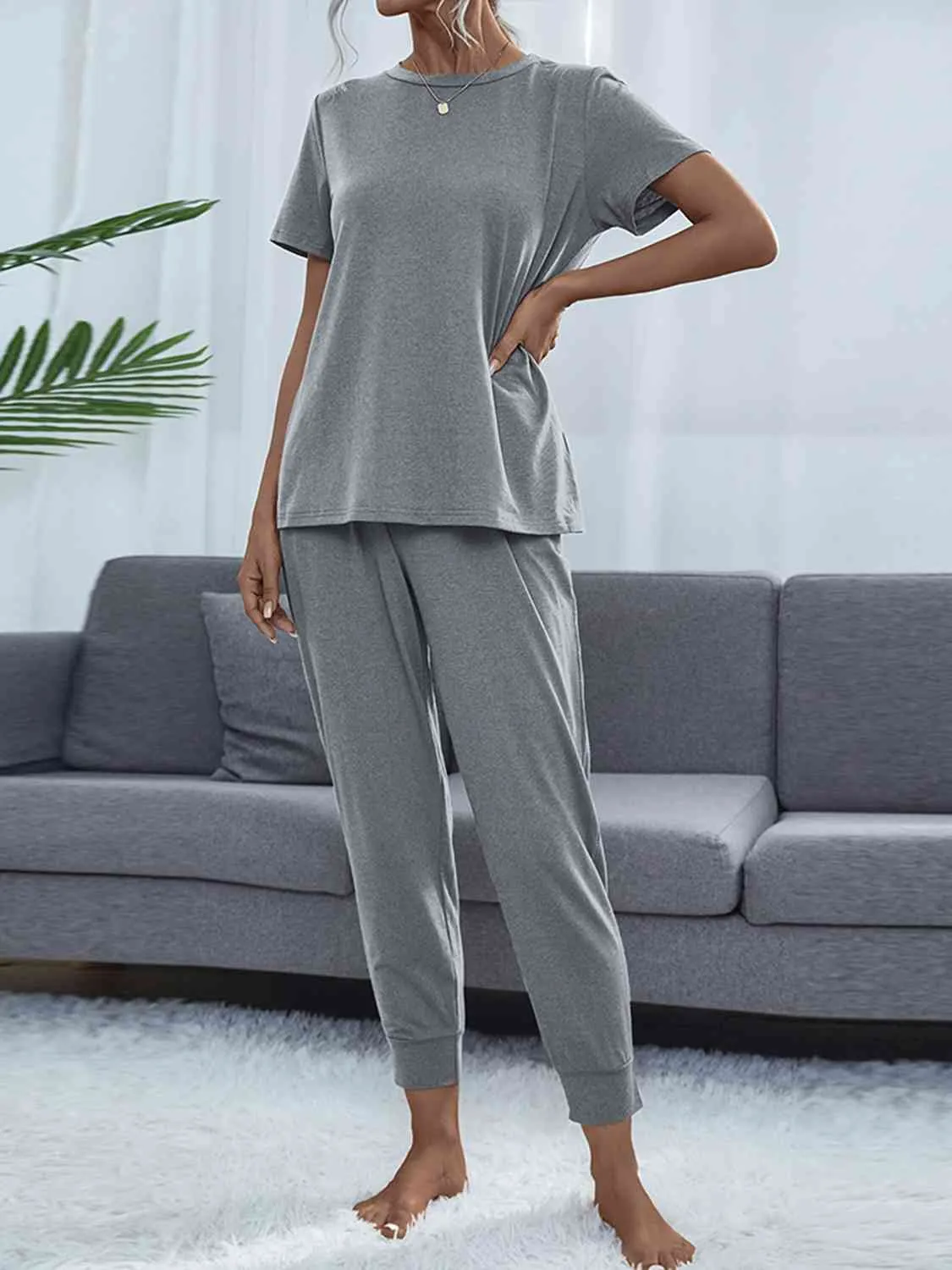 Round Neck Short Sleeve Top and Pants Lounge Set (5 Colors)