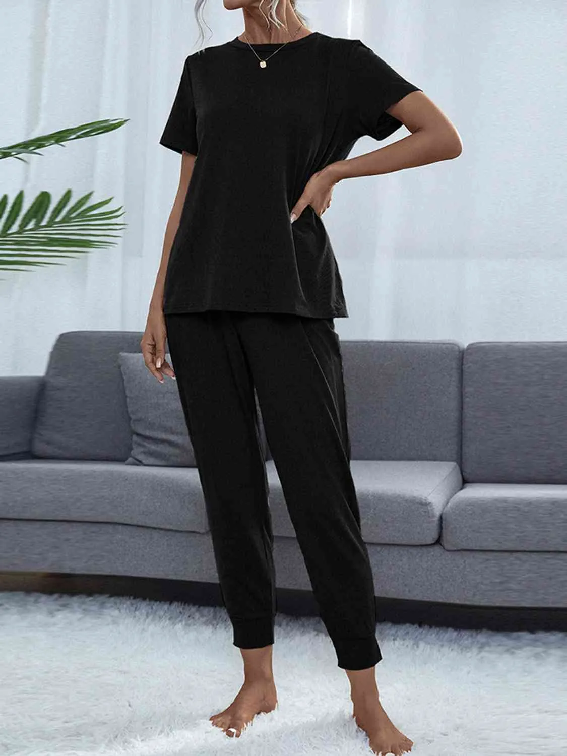 Round Neck Short Sleeve Top and Pants Lounge Set (5 Colors)