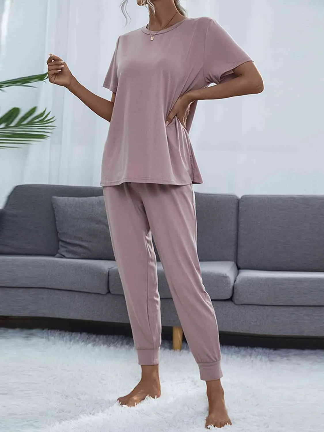 Round Neck Short Sleeve Top and Pants Lounge Set (5 Colors)