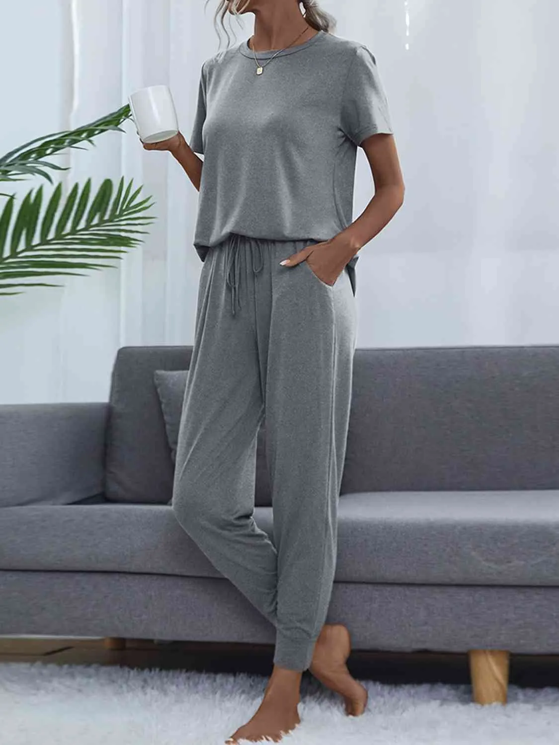 Round Neck Short Sleeve Top and Pants Lounge Set (5 Colors)