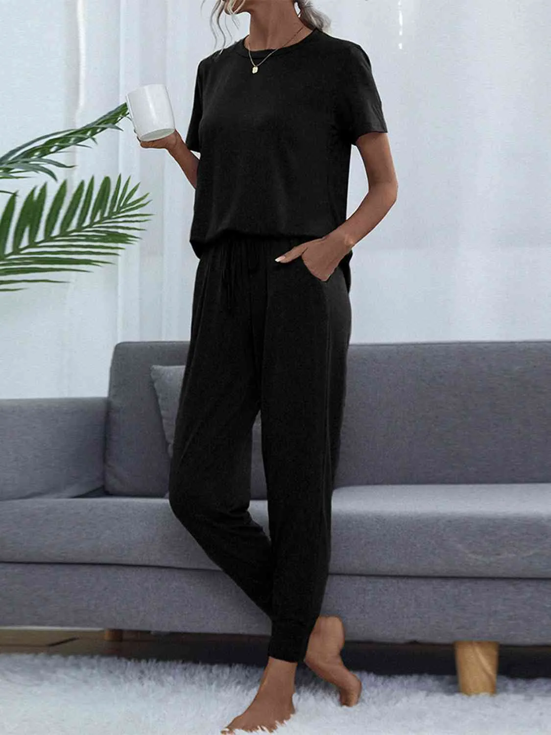 Round Neck Short Sleeve Top and Pants Lounge Set (5 Colors)
