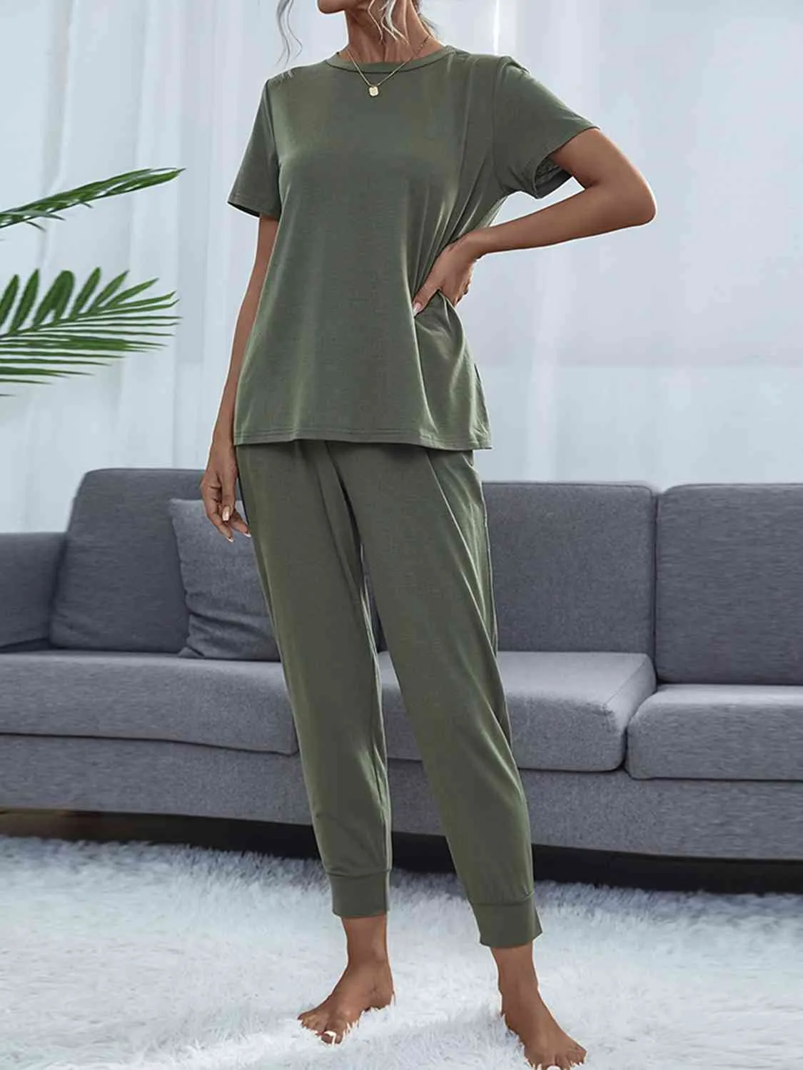 Round Neck Short Sleeve Top and Pants Lounge Set (5 Colors)