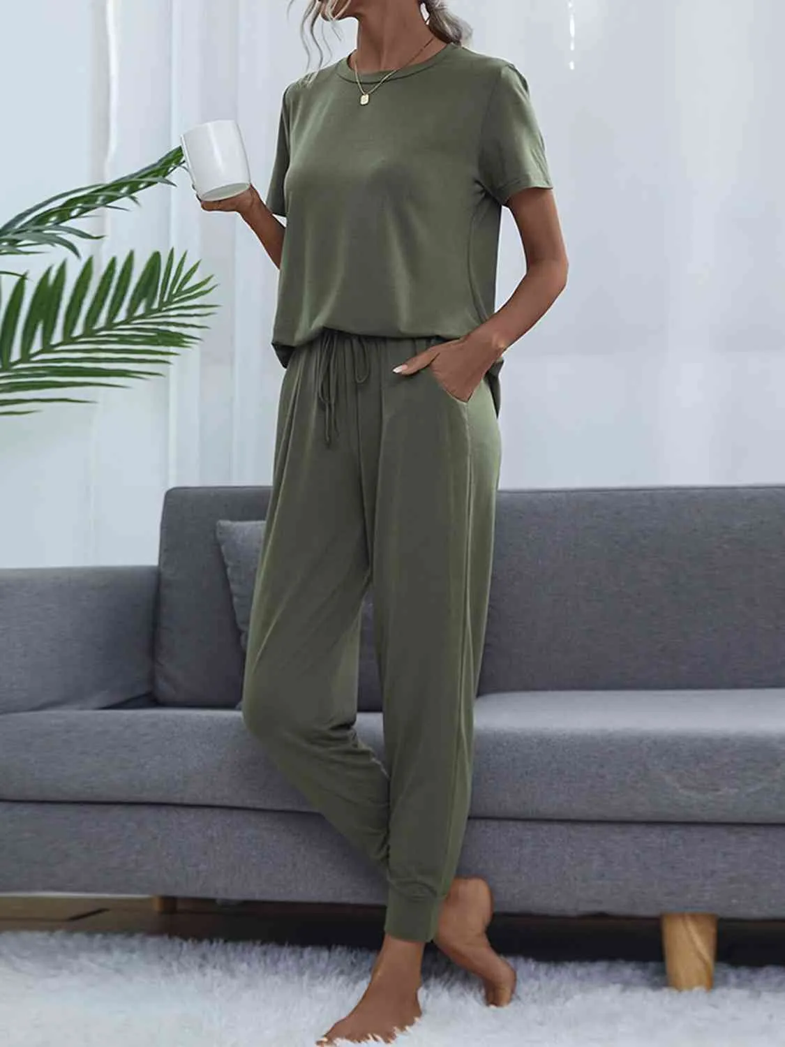Round Neck Short Sleeve Top and Pants Lounge Set (5 Colors)