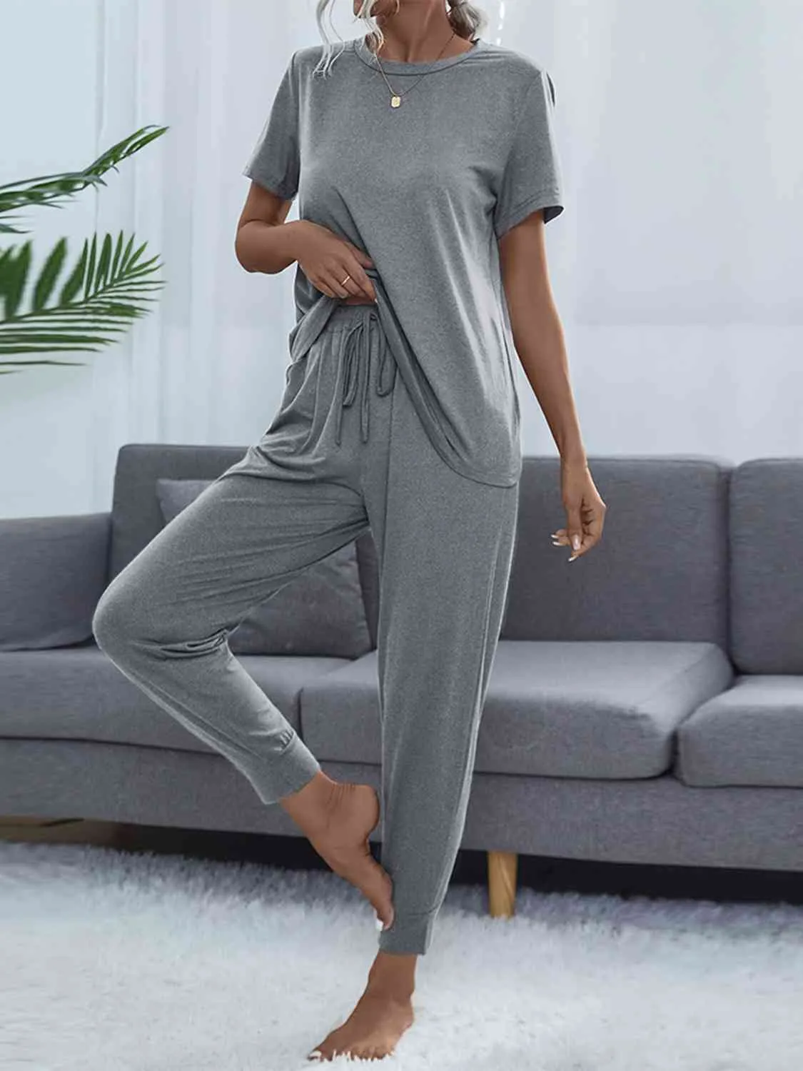 Round Neck Short Sleeve Top and Pants Lounge Set (5 Colors)