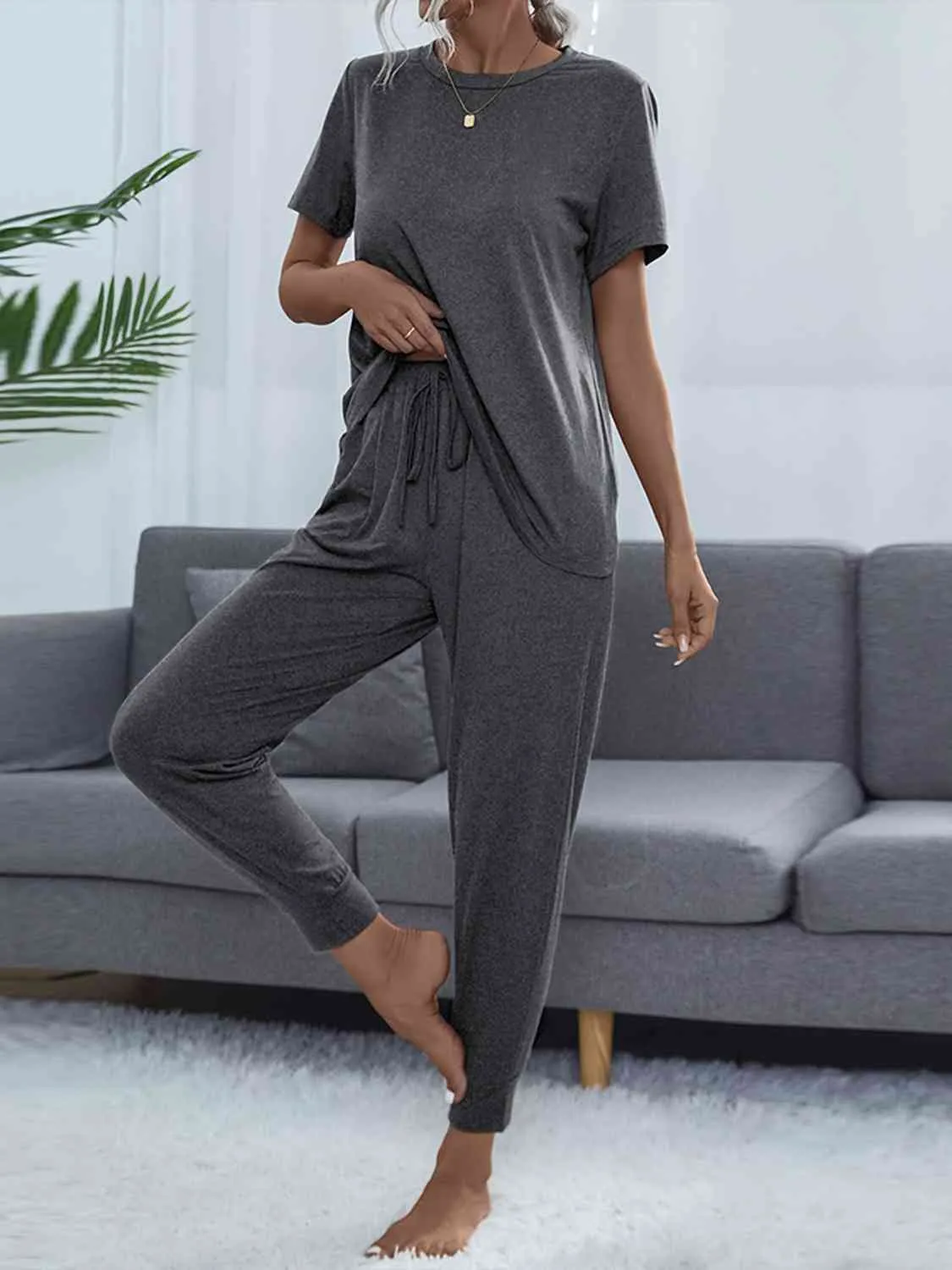 Round Neck Short Sleeve Top and Pants Lounge Set (5 Colors)