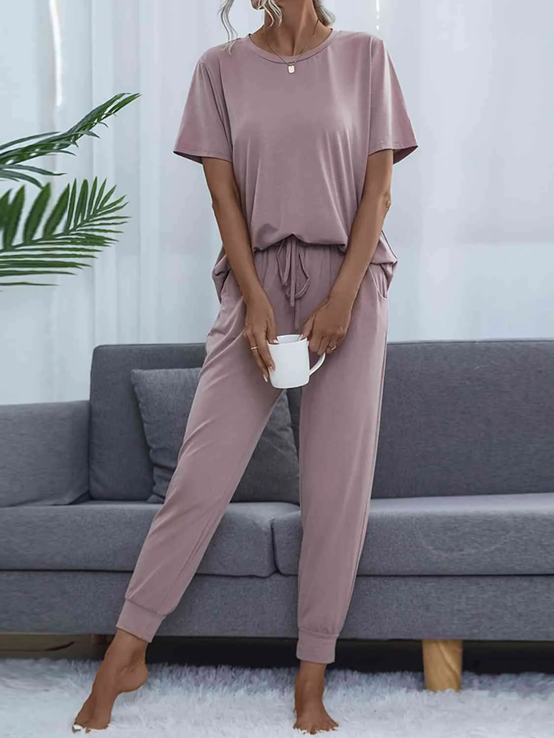 Round Neck Short Sleeve Top and Pants Lounge Set (5 Colors)