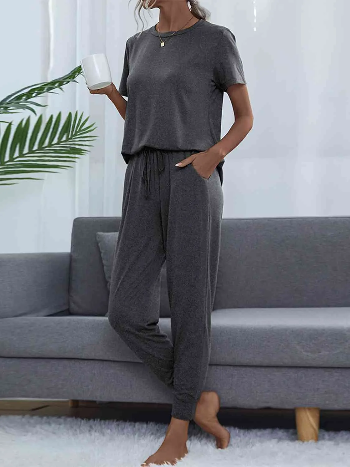 Round Neck Short Sleeve Top and Pants Lounge Set (5 Colors)